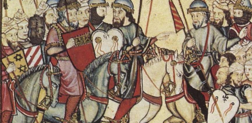 Historia de la Alhambra Miniatura de la Cantiga T187 (E185) en la que aparece representado a lomos de su caballo el rey Ibn Al-Ahmar, con túnica y escudo rojo.